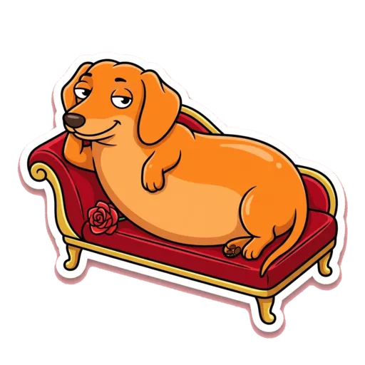 The dachshund mascot draped over a red velvet chaise